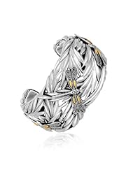 18K Yellow Gold and Sterling Silver Thick Cuff with Leaf and Dragonfly Motifs
