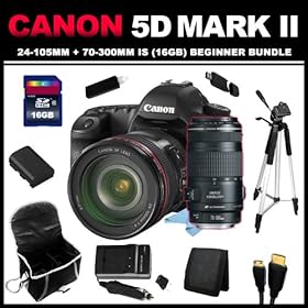 Canon EOS 5D Mark II 21.1MP Full Frame CMOS Digital SLR Camera with EF 24-105mm f/4 L IS USM Lens + Canon EF 70-300mm f/4-5.6 IS USM Lens for Canon EOS SLR Cameras (16GB Beginner Bundle Kit) includes Charger, Battery, 16GB SD Card, Card Wallet, USB Card Reader, HDMI Cable, Carrying Case, 57 Tripod 