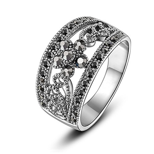 Mytys Antiqued Hollowed Flower Black Marcasite Crystal Band Rings