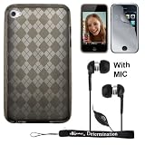 Argyle Durable Crystal HD Flexible Skin Checker Design for Apple iPod Touch 4 ( Compatible with all Models, 8 GB 32 GB and 64 GB) + Includes an eBigValue (TM) Determination Hand Strap KeyChain + Includes a mirror screen protector, Protects against scratches and dirt + Includes a Crystal Clear High Quality HD Noise Filter Earbuds Earphones Headphones with Mic, 3.5mm Jack For iPod, iPhone and iPad