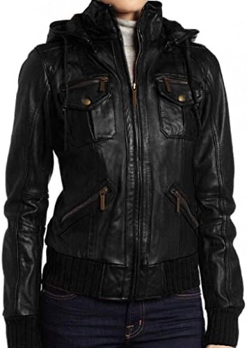 The Leather Factory Women's Lambskin Detachable Hooded Leather Bomber Jacket