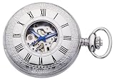 Avalon 17 Jewel Mechanical Skeleton Silver-Tone Covered Pocket Watch with Chain # 8760SX thumbnail