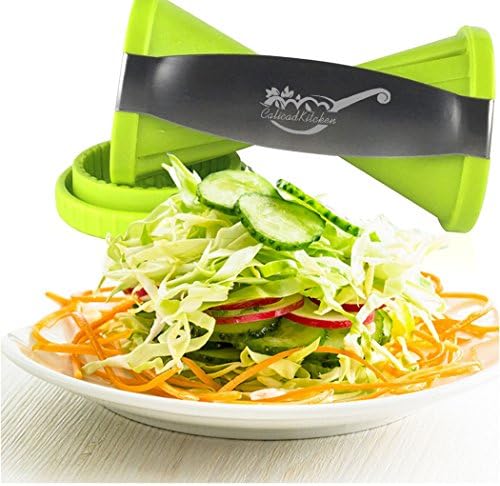 Spiralizer is a Premium Spiral slicer bundle from CalicadKitchen Easy Manual Vegetable Spaghetti Julienne Maker turns vegetables into healthy Pasta- includes extra cleaning brush, premium storage bag, Ceramic peeler and Recipe book, Enhance your health eating Now!