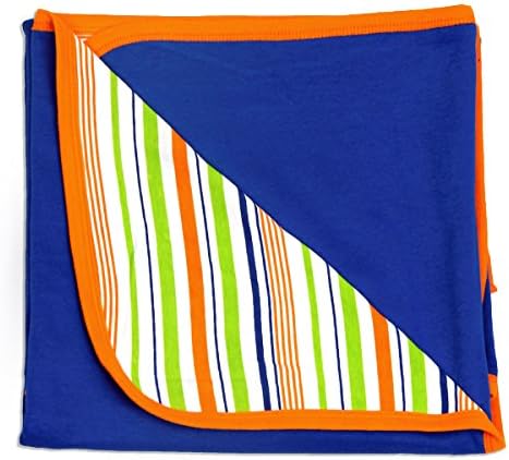 Cutie Bees Organic and Non-Toxic, Unisex Baby Reversible Blanket - Blue with Stripes