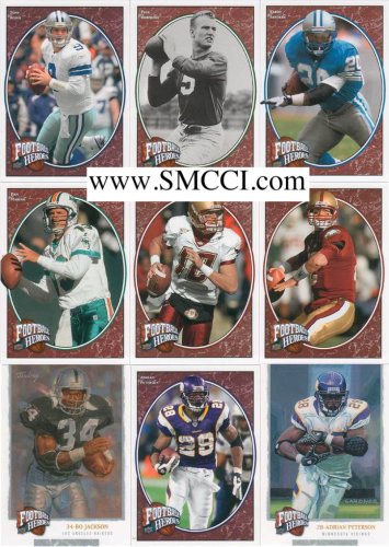 2008 Upper Deck Heroes Football Series Complete Mint 266 Card Set. Loaded with Stars Including Brett Favre, Adrian Peterson, Tony Romo, Eli Manning, Barry Sanders, Bo Jackson, Dan Marino, Jim Brown, John Elway, Gale Sayers, Plus Rookie Cards of Matt Ryan, Darren McFadden, Joe Flacco, Jonathan Stewart, Felix Jones, Deshaun Jackson, Matt Forte and Others!