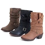 Breckelles Womens Biker Style Military Boots 2 Heel Strap Buckle Detail