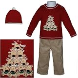 Boys Christmas Outfit - 3 Pc Set Reindeer Tree Sweater w/ Khaki Pants and Matching Hat by B.T. Kids (3/6M - 24M)