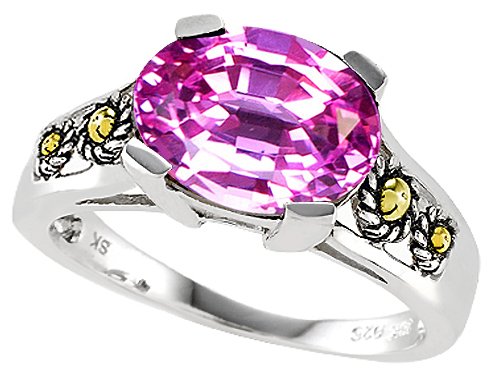 3.50 cttw 925 Sterling Silver and 18k Gold Two Tone Genuine Oval Lab Created Pink Sapphire Ring