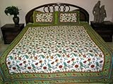 Indian Bedding- 3p Set New Designer White Green Floral Print Cotton Decorat ....