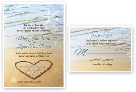 Beach Sand Starfish Heart Wedding Invitations & Response Cards Custom Ocean Custom