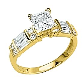 14K Yellow Gold Solitaire Princess CZ Cubic Zirconia High Polish Finish Wedding Engagement Ring Band with Baguette &amp; Round Side Stone for Women - Size 4: The World Jewelry Center: Jewelry