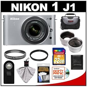 Nikon 1 J1 Digital Camera Body with 10-30mm VR Lens (Silver) with 32GB SD Card + Case + Filter + Remote + Wide Angle & Telephoto Lenses + Accessory Kit