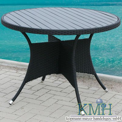 Schöner runder schwarzer Polyrattantisch (Ø = 105,5cm) / Gartentisch / Holzimitat