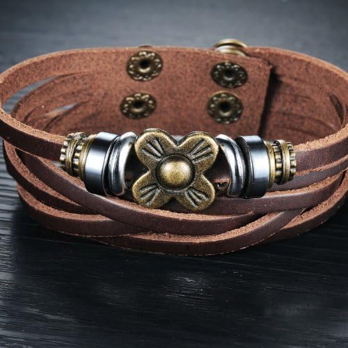 The Lantern Fashion Genuine Leather Men's Bracelet Flower Chain Wristband Adjustable size Bangle Gift
