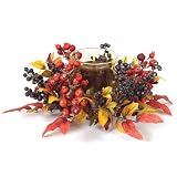 Melrose 12-inch Diameter Silk Candle Ring with Rich Orange and Amber Tone Leaves, Blue Berries and Rose Hips with a Glass Holder