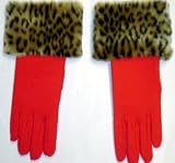 Red Wool Jersey Gloves Hand Trimmed with Fluffy Leopard Print Fur Cuff for Women and Teens