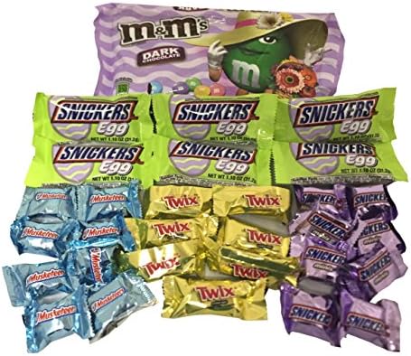 M&amp;M's Dark Chocolate Easter Candy (30 Count) Mars Basket Stuffer, Gift, and Egg Hunts Supplies Variety Pack Care Package with Snickers Eggs, and Minis Snickers, 3 Musketeers and Twix Bundle