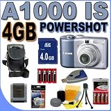 Canon Powershot A1000 IS 10MP 4x Optical Zoom Digital Camera (Blue) A1000IS 3208B001 4GB SDHC Memory Card - Rechargeable NiMH Batteries Plus Rapid Charger - BigVALUEInc Accessory Saver Bundle + MORE