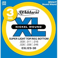 D'Addario EXL125-3D Electric Guitar Strings, 3 Sets, Super Light Top, Regular Bottom