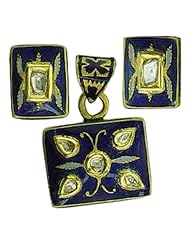 22kt Gold Rose Cut Diamond Enamel Pendant & Earring Jewelry