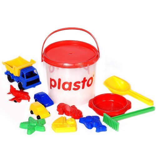フィンランド製　Plasto （プラスト）社　お砂場あそび　【砂あそびセット　１１個　ふた付きバケツ付き】