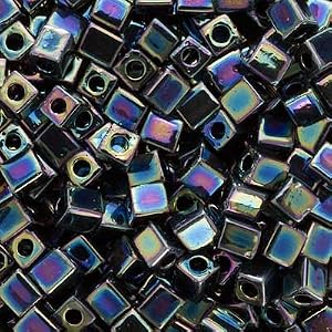 Miyuki-4mm-Glass-Cube-Beads-Opaque-Black-AB-401R-10-Grams