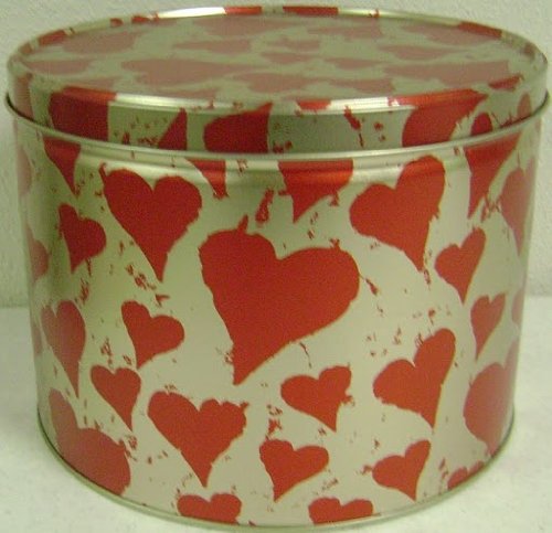 Cherished Hearts Valentines 2 gallon gift tin with 3 gourmet chocolate popcorn