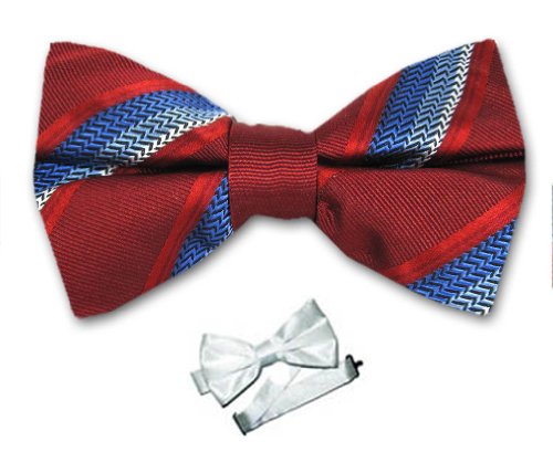 Men's - Burgundy - Blue - White - Silk Woven Pre-Tied Stripe Bowtie