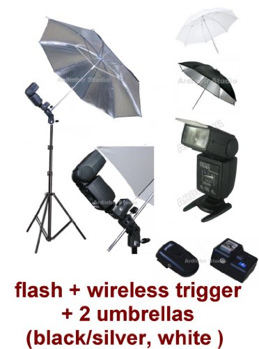 Photo Studio Portable Hot Shoe Flash Umbrella Stand Kit with Flash and Wireless Remote Trigger for Canon, Nikon, Panasonic, Leica, Pentac, Olympus DSLR camera