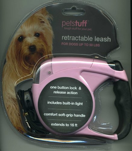 Pink Retractable Leash Small-Medium For Dogs Up To 50lbs, 16 Feet, Built-in Light