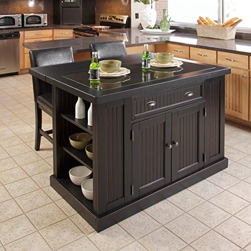 Nantucket Distressed Black Finish Kitchen Island Include Black Granite inlay top, Drop Leaf, Adjustable Shelves on Sides, Storage Drawer and Adjustable Shelves Behind Doors