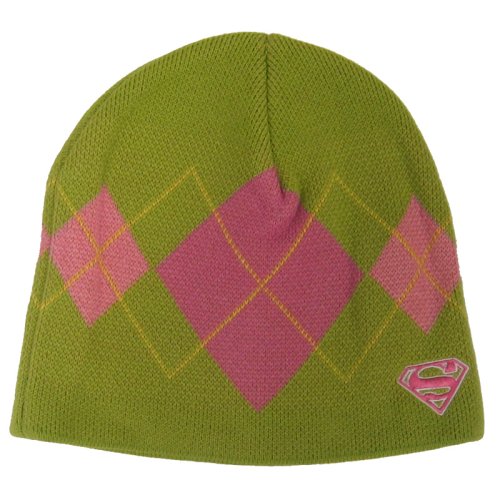  Supergirl Shield Logo Pink and Green Argyle Pattern Knit Hat