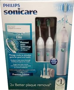 Philips Sonicare Elite Premium Edition Toothbrush with Massage mode Includes 2 Handles, 3 Brush Heads and 2 Charger Packs