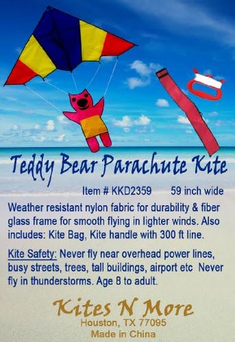 Kites N More, Teddy Parachute Kids Delta Kite 59" X 75" with Kite Bag, Handle & 300 Ft Kite Line (1 Parachute)