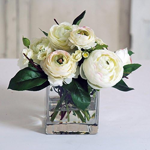 Jane Seymour Botanicals 12 in. Ranunculus and Wild Buttons with Square Vase Silk Flower Arrangement