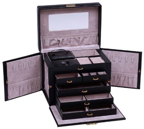 SHINING IMAGE tea2 HUGE BLACK LEATHER JEWELRY BOX / CASE / STORAGE / ORGANIZER WITH TRAVEL CASE AND LOCK