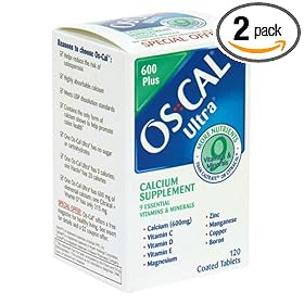 OS-Cal Ultra 600 Plus Calcium Supplement Tablets with 9 Essential Vitamins and Minerals, 120-Count Bottles (Pack of 2)