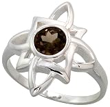 Sterling Silver Celtic Flower Ring, w/ Brilliant Cut Natural Smoky Topaz Stones, 11/16" (18mm) wide, size 8