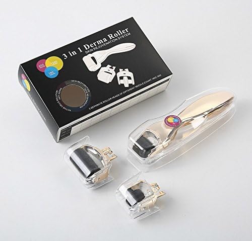 3-in-1 Black Roller Gold Handle Micro Needle Facial Skin Care Needle Micro Acne Scars Derma Skin Roller Stretch Mark with 3 Separated Heads of Different Needles Count for Eye Face Body