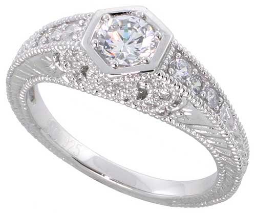 Sterling Silver Vintage Style Engagement ring, w/ a 4mm (.25 ct) Round CZ Stone, 5/16 (8mm) wide