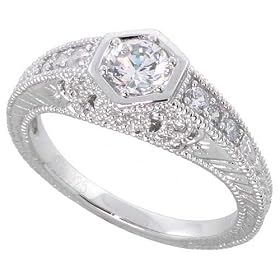 Sterling Silver Vintage Style Engagement ring, w/ a 4mm (.25 ct) Round CZ Stone, 5/16