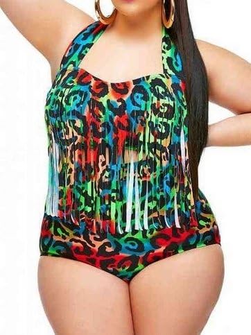 VOLUMUS(TM) 2015 Colorful Plus Size Swimsuit Retro High Waist Bikini Tassel Swimwear