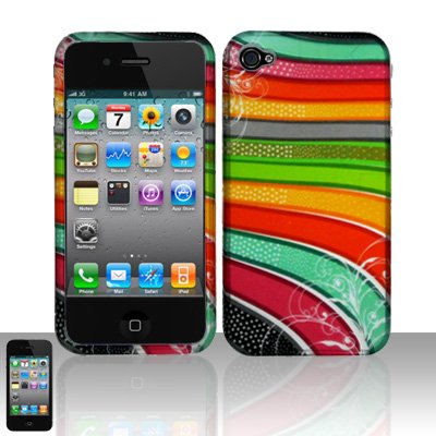 Green Pink Red Orange Black Color Stripe Design Rubberized Snap on Hard Cover Protector Faceplate Skin Case for Apple Iphone 4 4G 16GB 32GB + Front & Back LCD Screen Guard Film (Free Wristband)