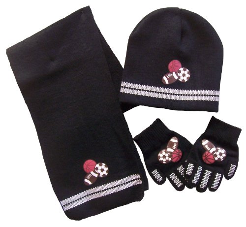 N'Ice Caps Boys 4-10 Years Hat/Scarf/Magic Glove Sport Balls Print Knitted Set