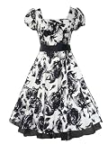 50's Vintage Tea Prom Dress Large Rose Floral White & Black - 4 (US), 10 (UK)