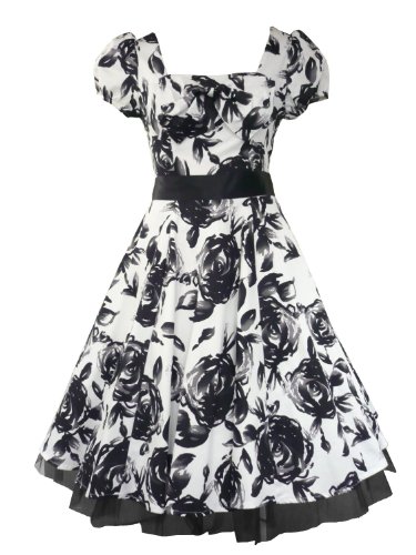 50's Vintage Tea Prom Dress Large Rose Floral White & Black
