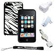 Premium Durable White Black Zebra Silicone Skin Case Cover Protector for New Apple iPod Touch 8GB 32GB 64GB 3rd Generation iTouch + includes a 4-inch eBigvalue (TM) Determination Hand Strap + 3 in 1 USB Data cable, home and car Charger Combo
