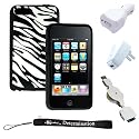 Premium Durable White Black Zebra Silicone Skin Case Cover Protector for New Apple iPod Touch 8GB 32GB 64GB 3rd Generation iTouch + includes a 4-inch eBigvalue (TM) Determination Hand Strap + 3 in 1 USB Data cable, home and car Charger Combo