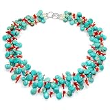 3 Strand Freshwater Pearl, Turquoise and Coral Necklace with 925 Sterling Silver Clasp 20