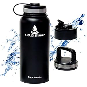 Liquid Savvy's 32 oz Wide Mouth Stainless Steel Insulated Water Bottle - Includes 3 Lids - Double Walled Vacuum Bottle for Hot and Cold Beverages - Black Midnight